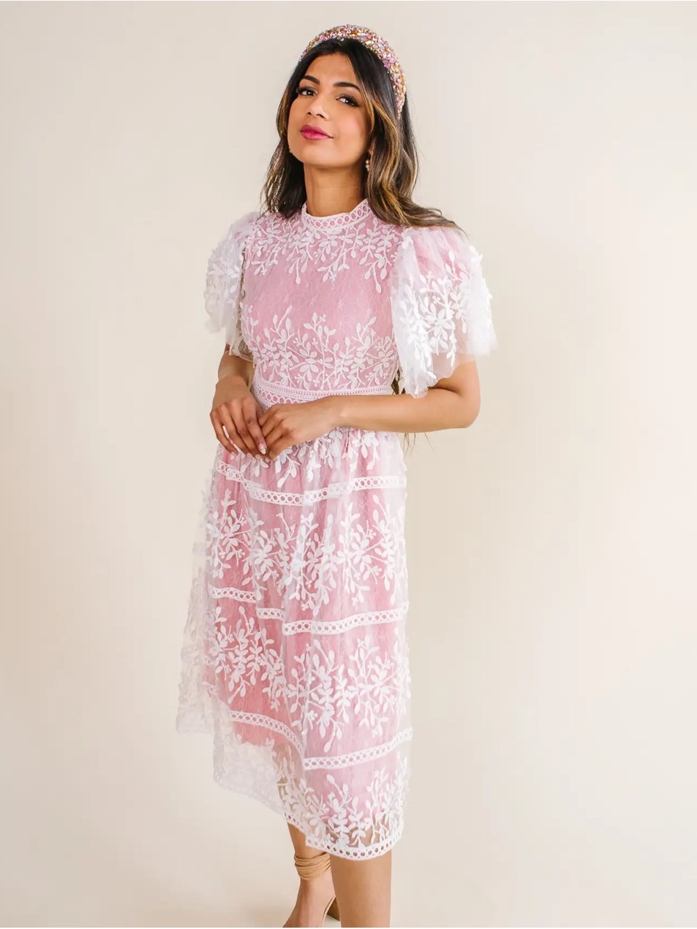 Elegant Pink Lace Midi Dress with White Embroidered Overlay